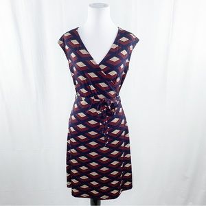 Gilli burgundy & navy blue faux wrap tie waist dress